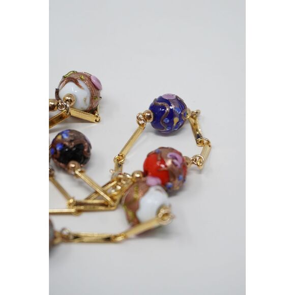 Vintage Wedding Cake Venetian Glass Beads and Gold Tone Link Necklace 26" Long - Picture 7 of 8